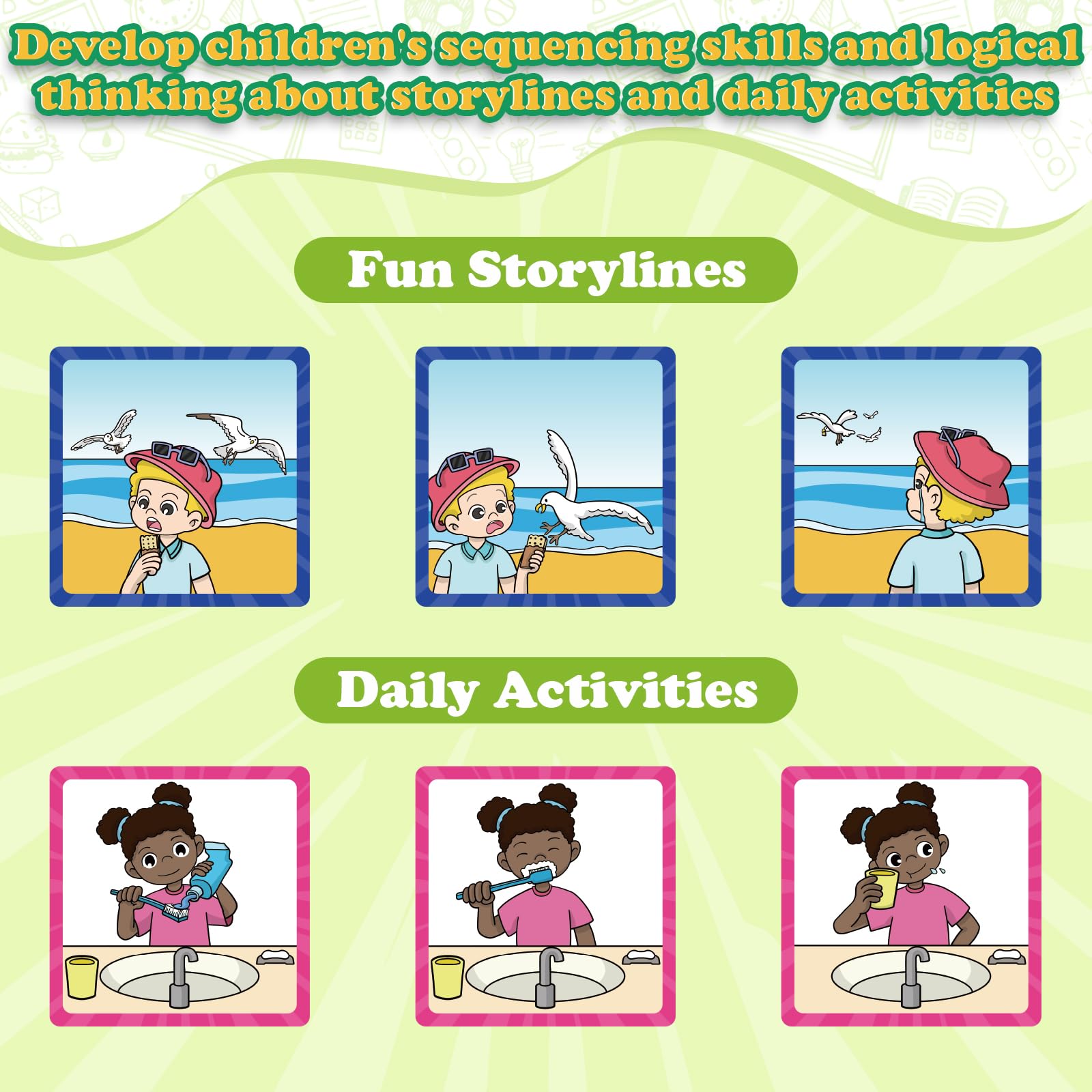 KASFALCI Sequencing Cards with color-coded stories to boost understanding and recall.