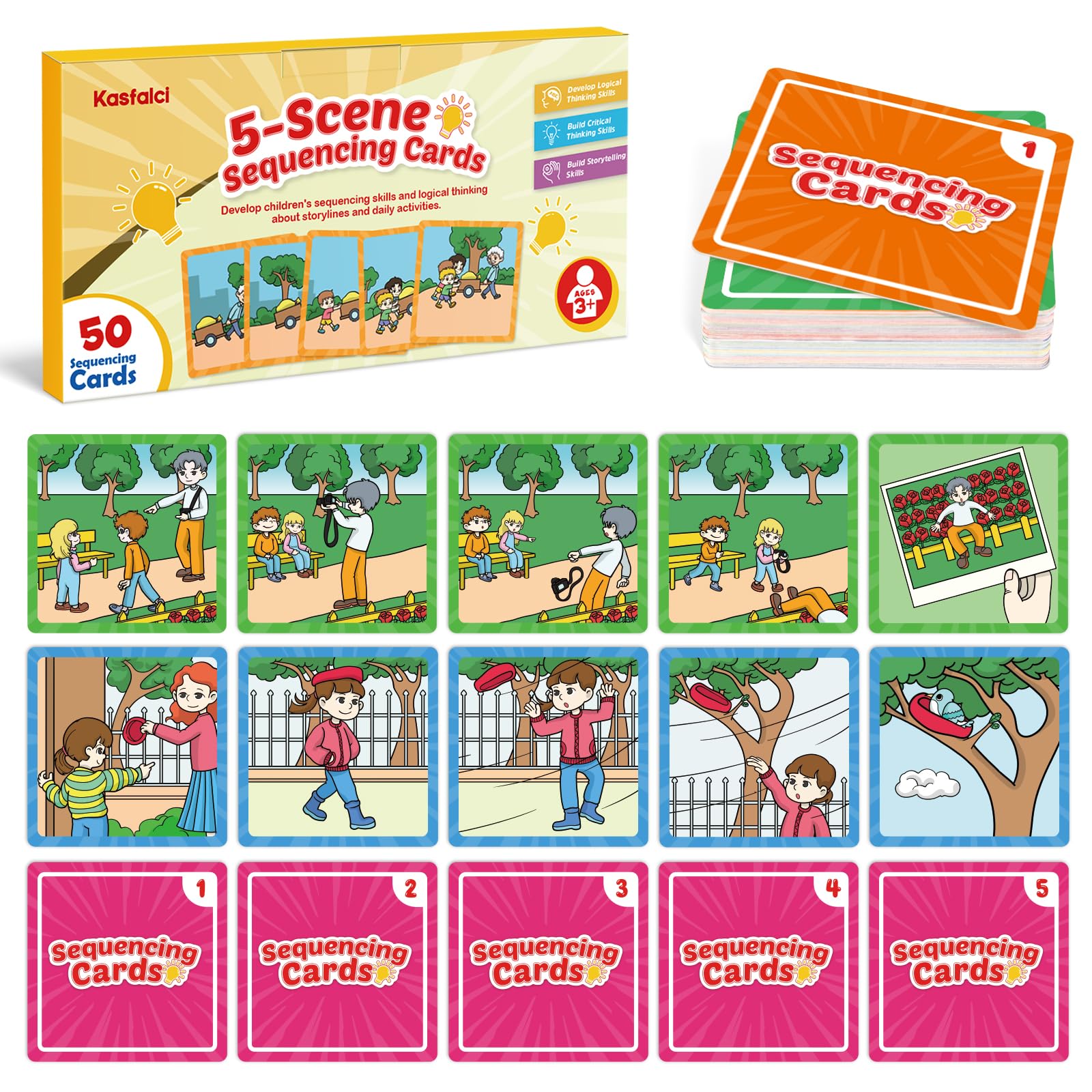 KASFALCI Sequencing Cards set of 50 with vivid storytelling illustrations for learning.