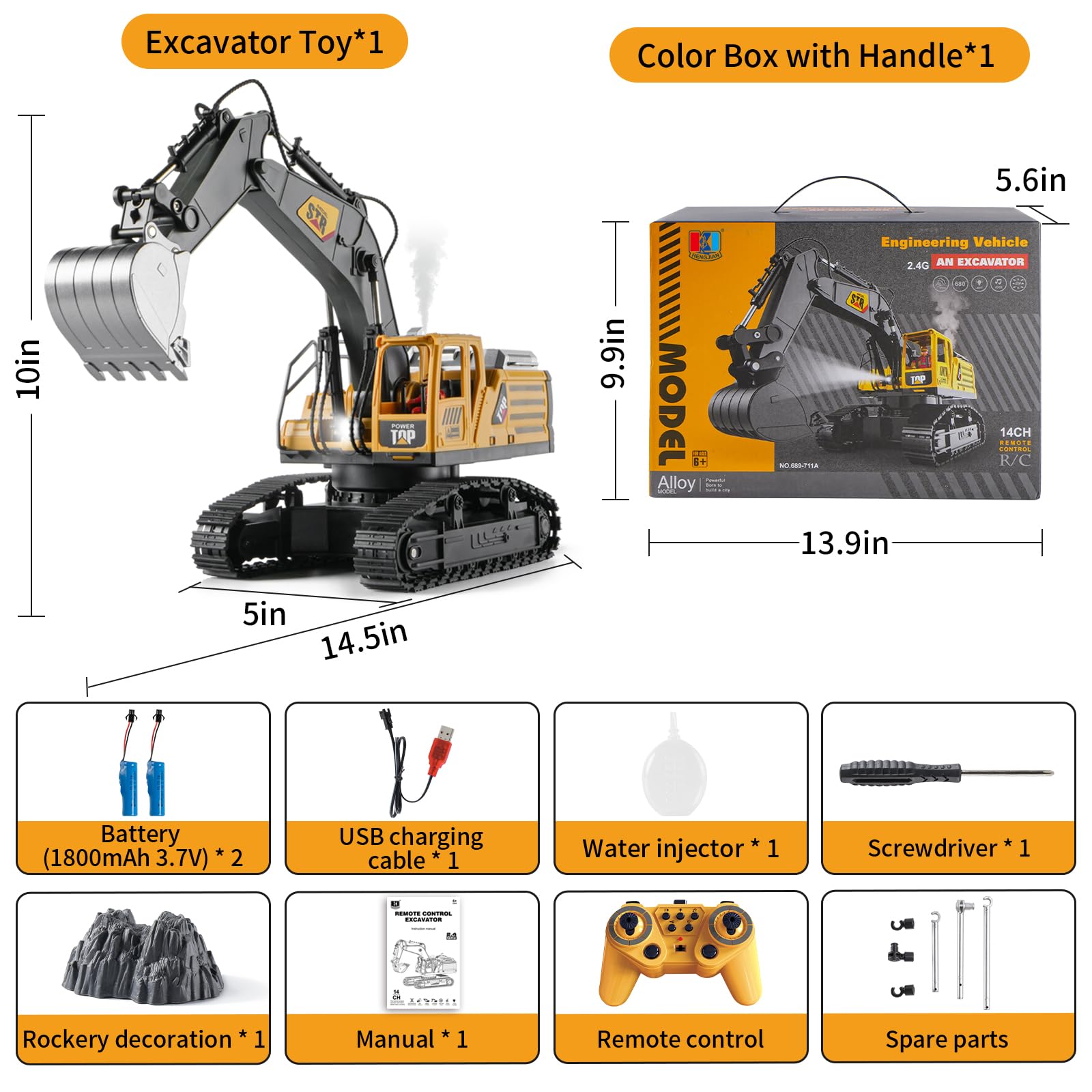 KASQERT 1:14 RC Excavator battery compartment shown for easy charging and long playtime