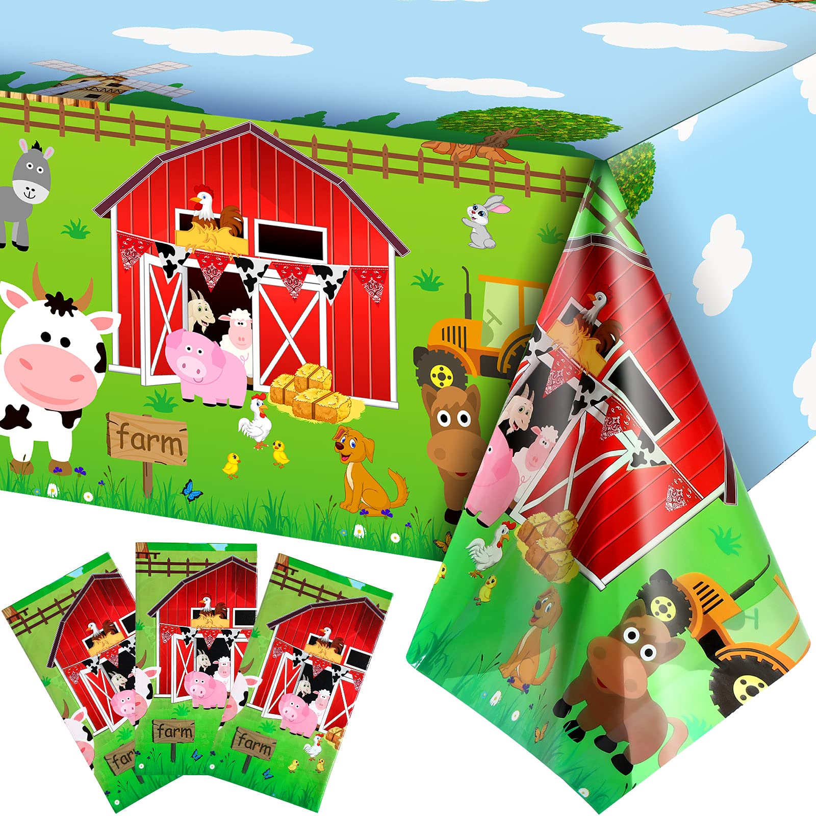 Kasyat farm animals tablecloth with red design for large party tables.