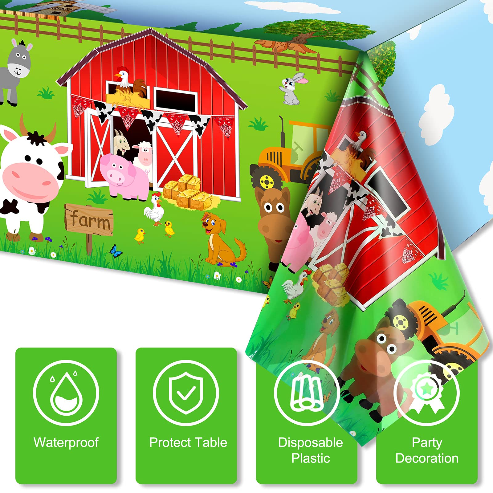 Kasyat pigs cows sheep design tablecloth enhances playful farm ambiance.