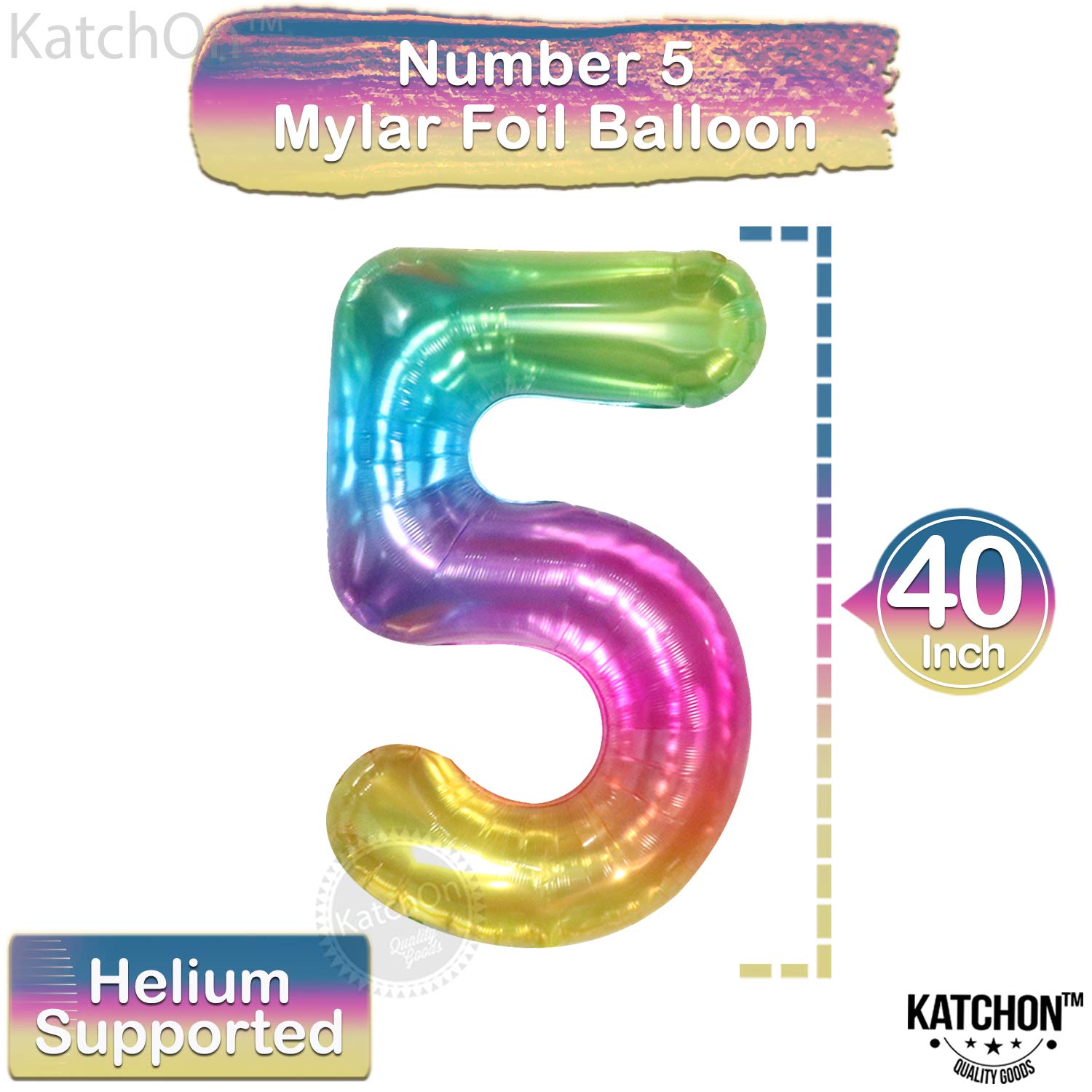 KatchOn 50-inch rainbow foil number 5 balloon enhances party backdrops with vibrant color.