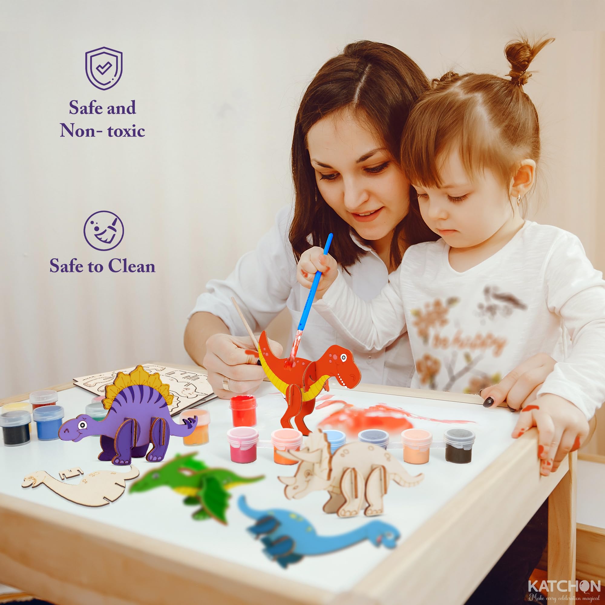 KatchOn dinosaur craft station – versatile group painting setup for parties.
