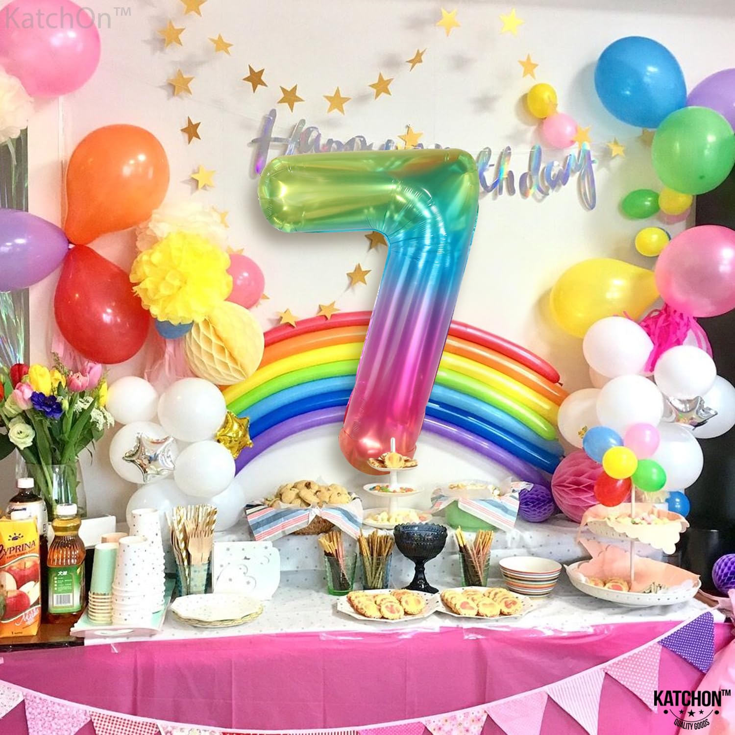 KatchOn giant-foil-number-7-rainbow balloon enhances festive party backdrops.