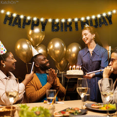 KatchOn Glitter Black Happy Birthday banner black glitter print adds luxe touch to birthday celebrations.