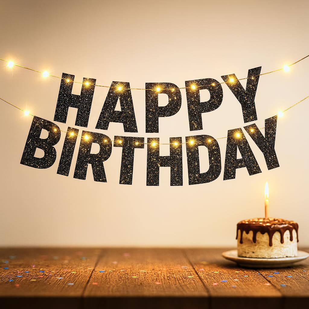 KatchOn Glitter Black Happy Birthday banner prestrung, ready to hang as a dramatic backdrop.