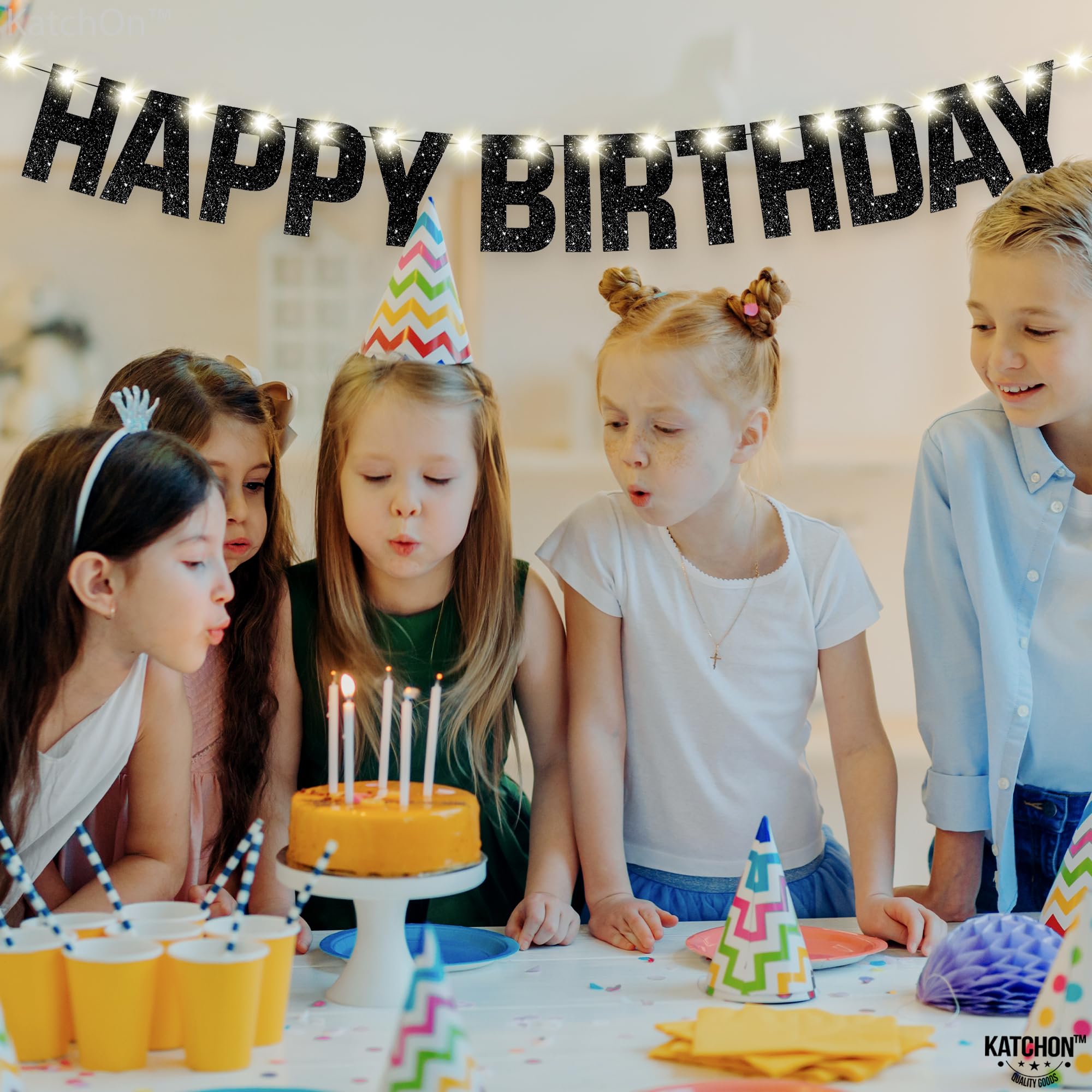 KatchOn Glitter Black Happy Birthday banner ideal for living room or party venues as festive decor.