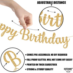Close-up of KatchOn glitter gold banner with premium thick card stock.