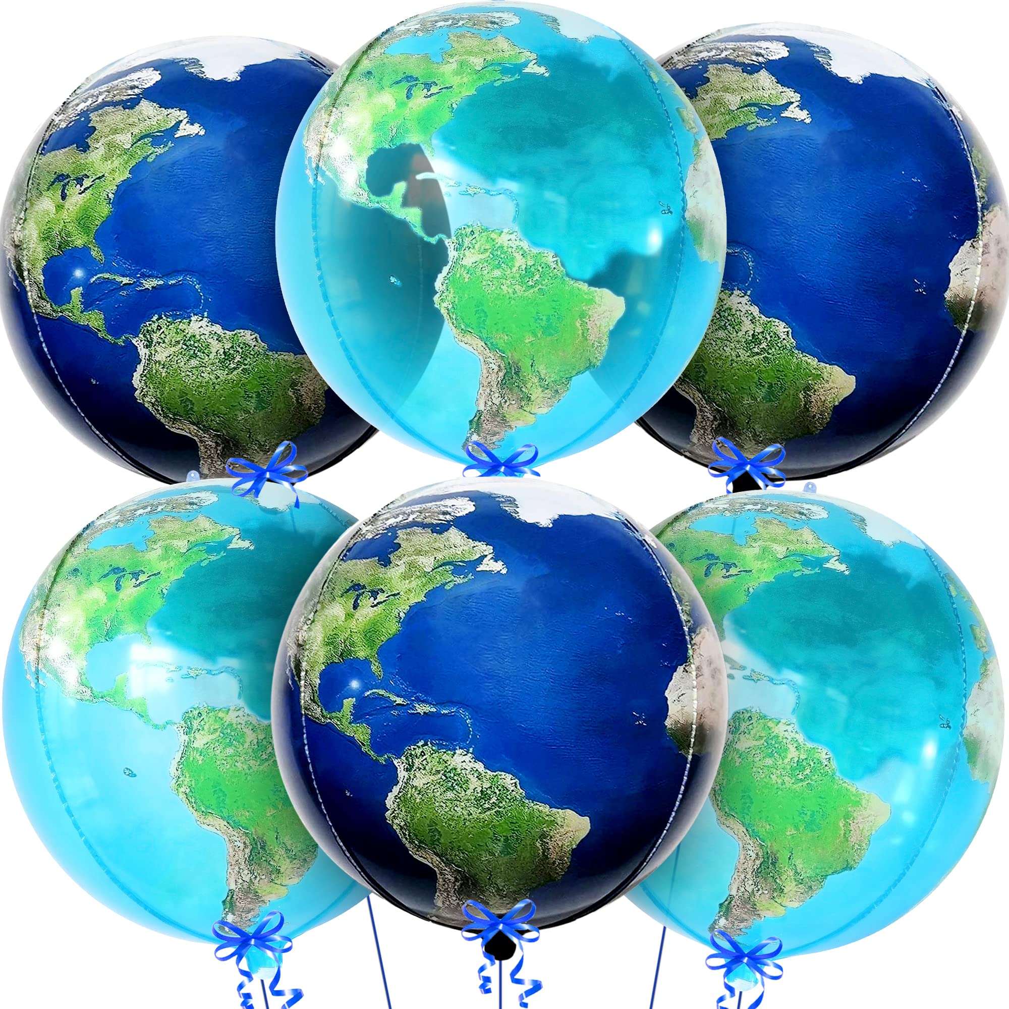 KatchOn globe balloons in blue earth style create an eye-catching travel party backdrop