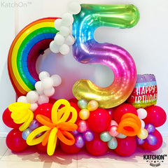 KatchOn jelly rainbow finish number 5 balloon adds playful color to decor.
