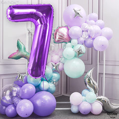 KatchOn mermaid-themed birthday decor with cascading purple number 7 balloon