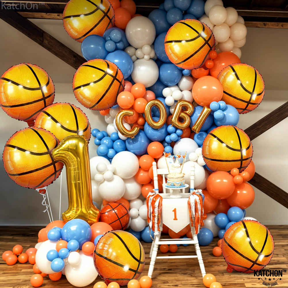 KatchOn close-up of orange foil basketball balloon showing sturdy material.