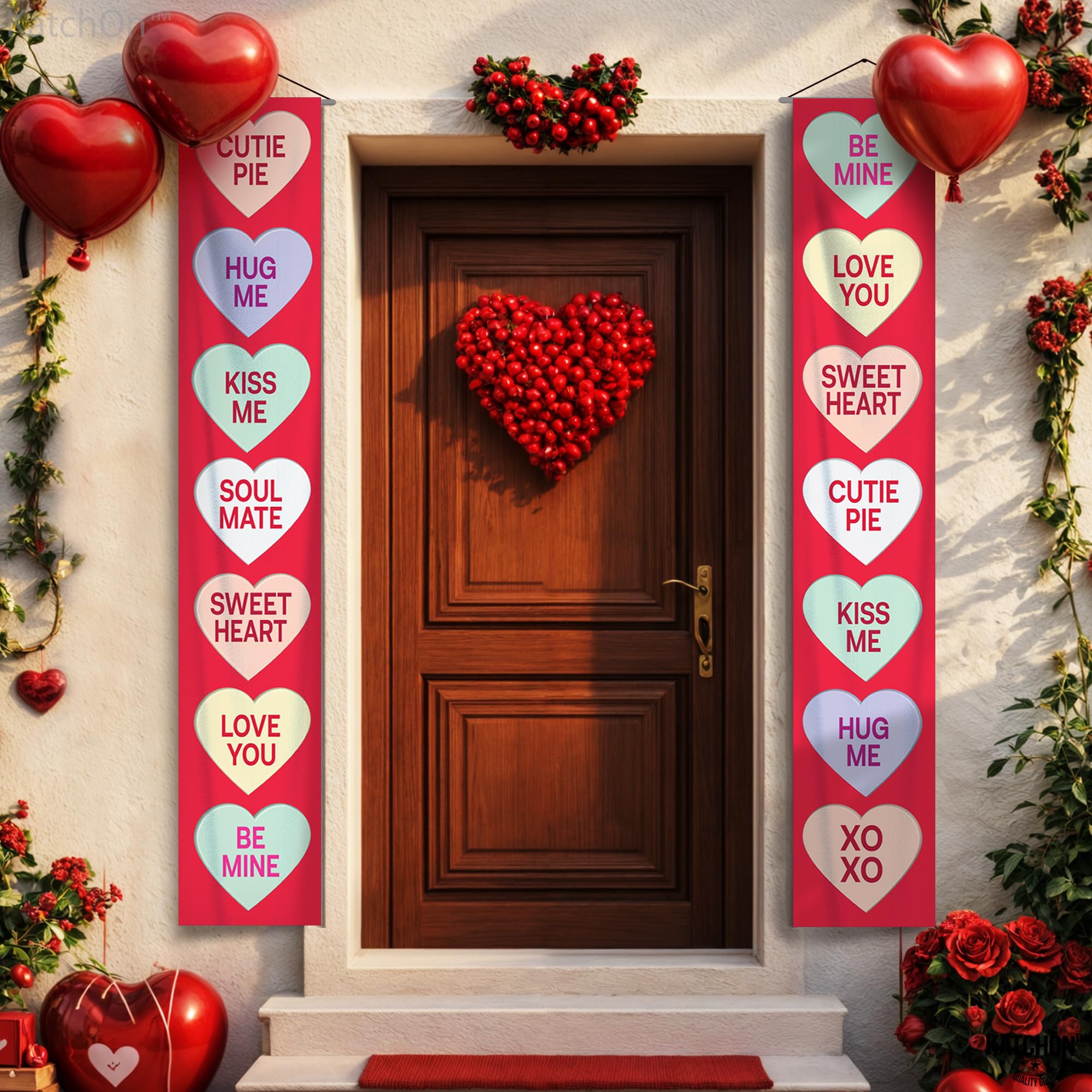 KatchOn oxford fabric banner with colorful conversation hearts for festive entryways.