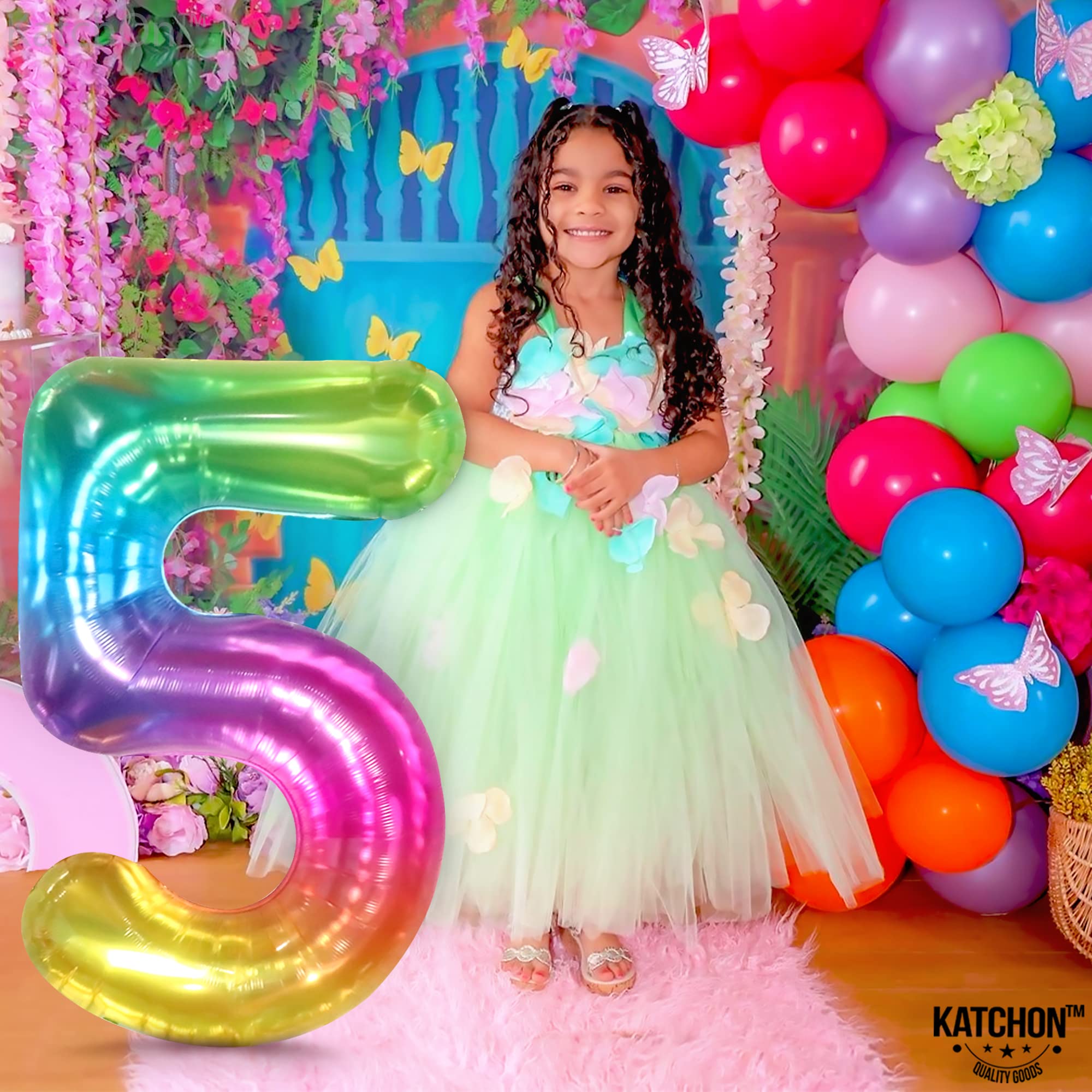 KatchOn giant rainbow number 5 balloon doubles as a photo booth backdrop.