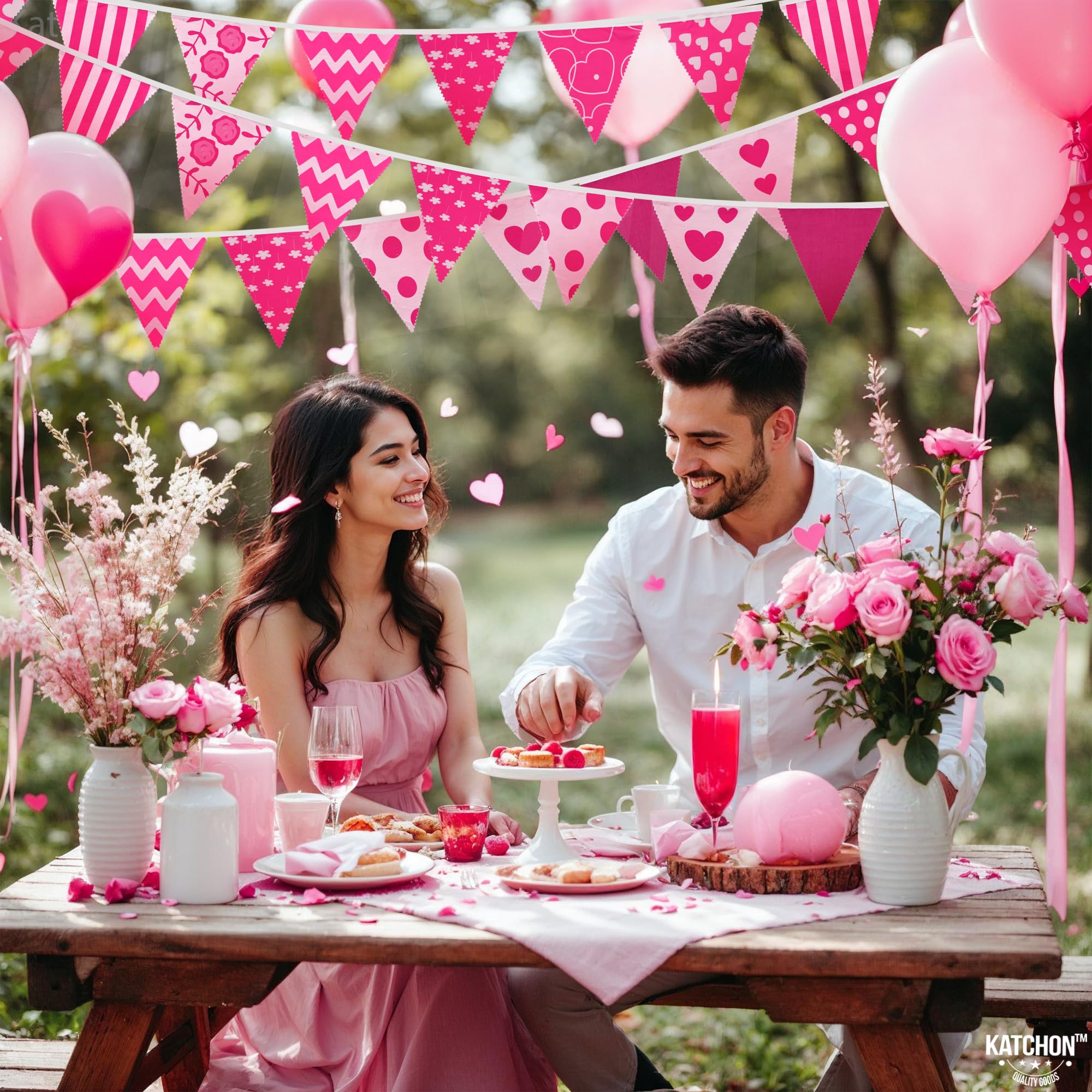 KatchOn pink triangle flags hanging on a wall to show easy setup and festive mood.