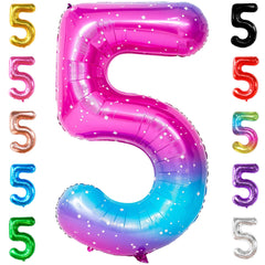 KatchOn Rainbow Number 5 balloon, giant 40-inch pink and blue, ideal centerpiece for birthdays.