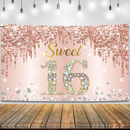 KatchOn rose gold sweet 16 banner 72x44 inches for an elegant party backdrop.