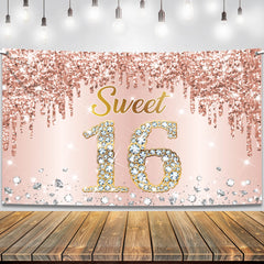 KatchOn rose gold sweet 16 banner 72x44 inches for an elegant party backdrop.
