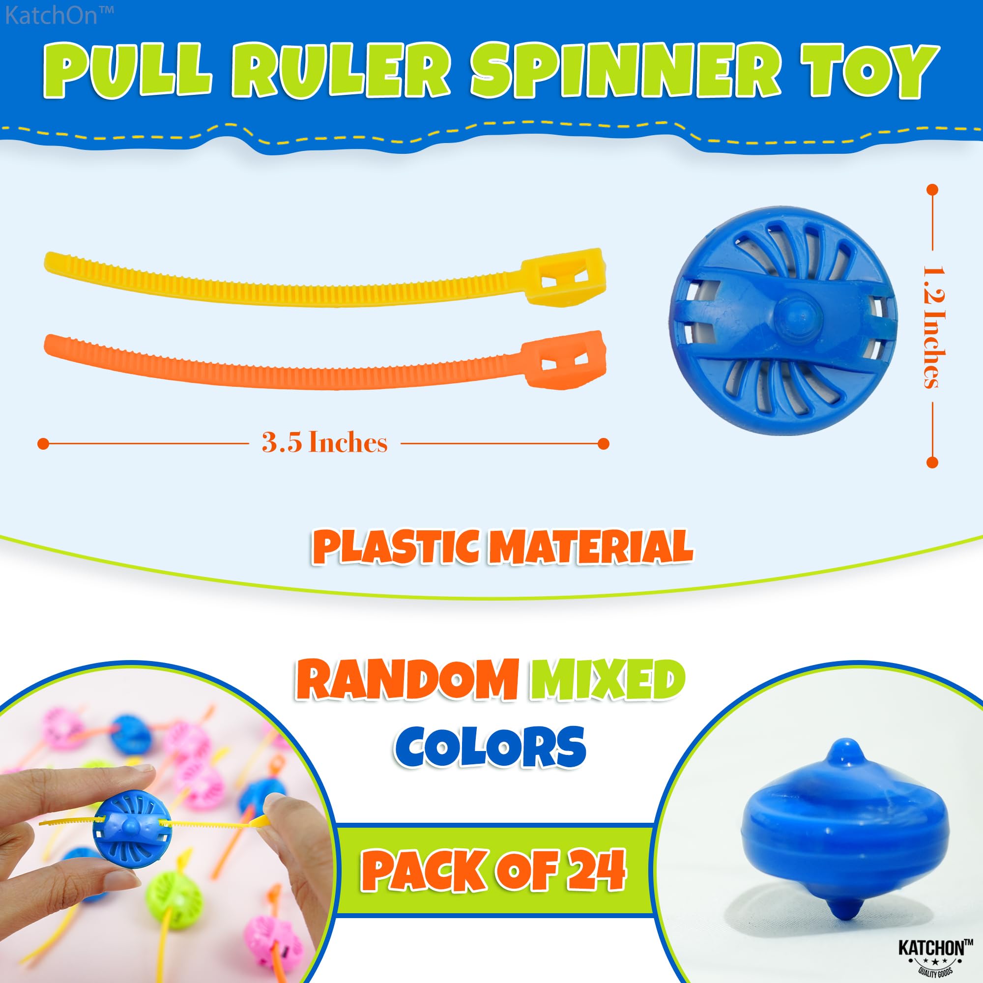 KatchOn spin action close‑up showing pull‑string tops in bright colors.