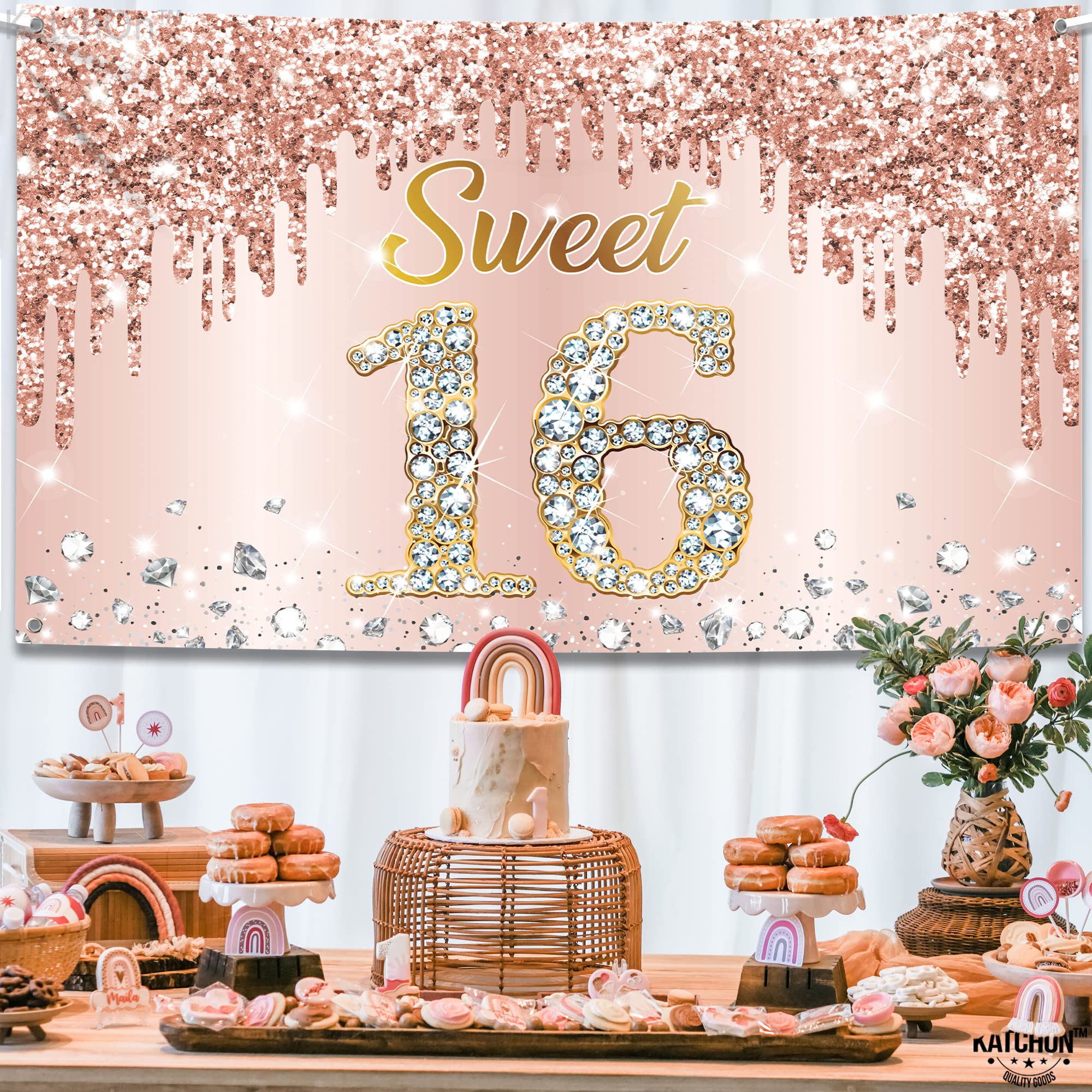 KatchOn sweet 16 backdrop with rose gold diamonds adds glam to the celebration.