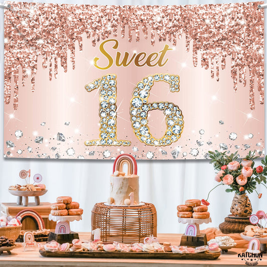 KatchOn sweet 16 backdrop with rose gold diamonds adds glam to the celebration.