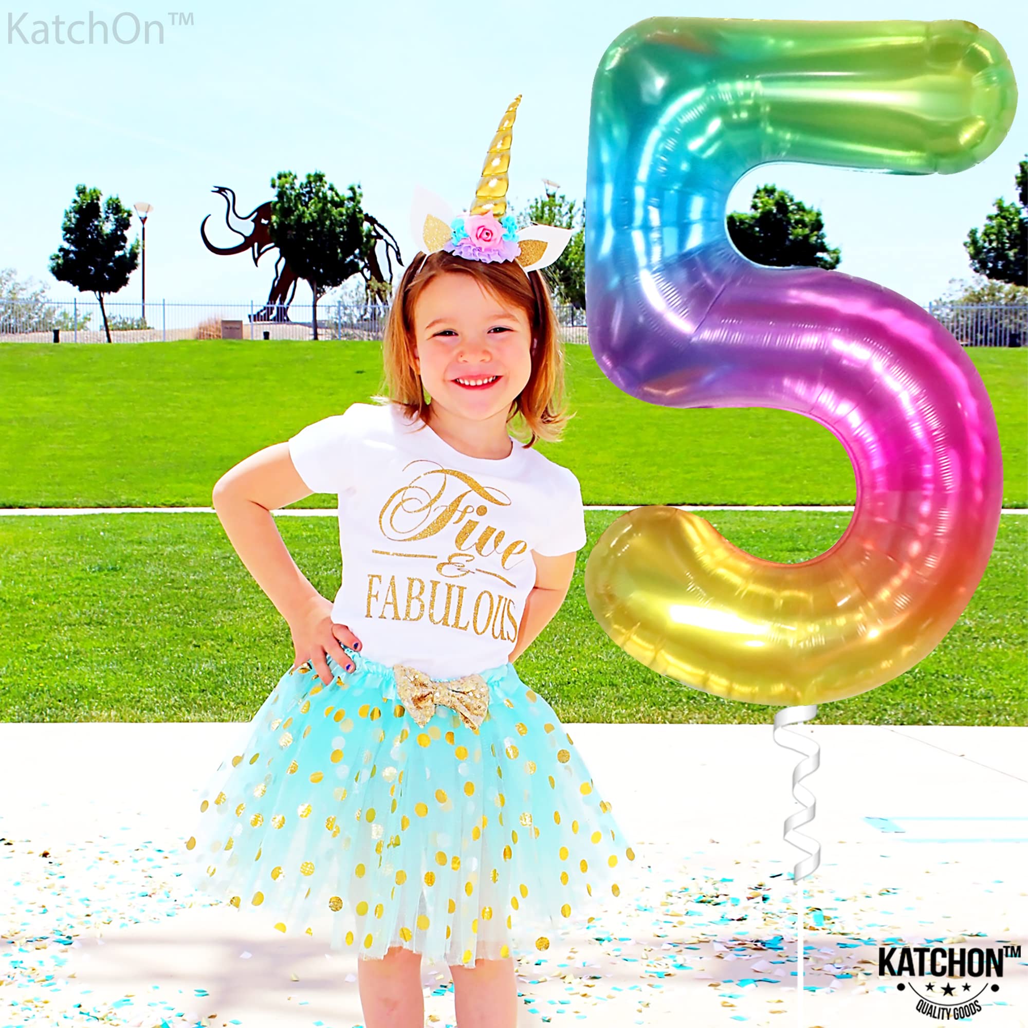 KatchOn tie-dye party balloons with number 5 create festive vibes.