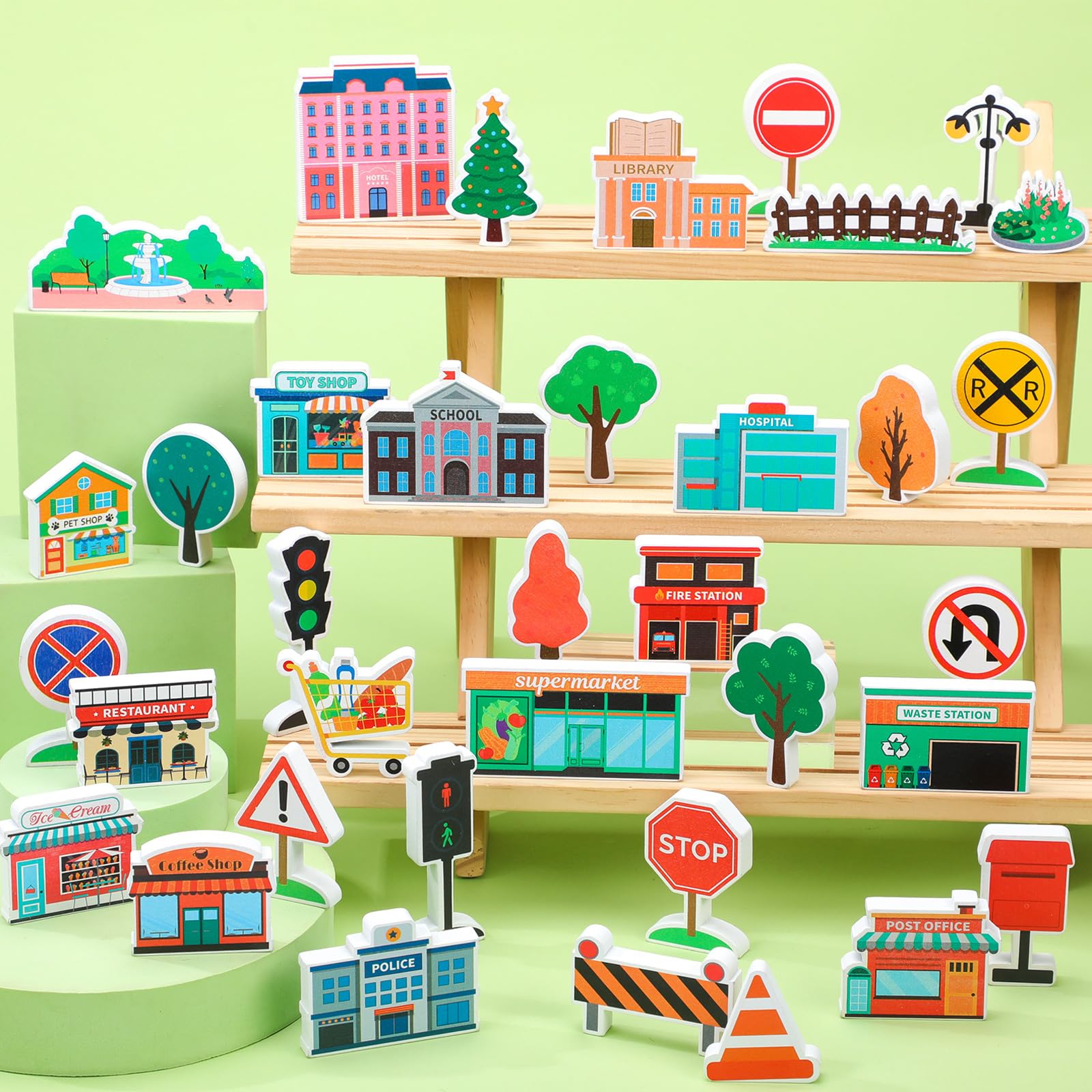 Kathfly town buildings and signs wooden pieces promote storytelling and teamwork through open-ended play.