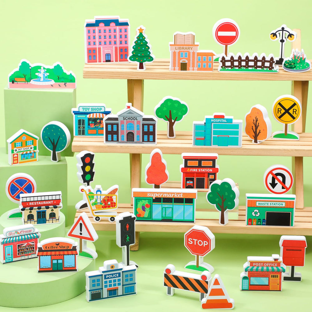 Kathfly town buildings and signs wooden pieces promote storytelling and teamwork through open-ended play.