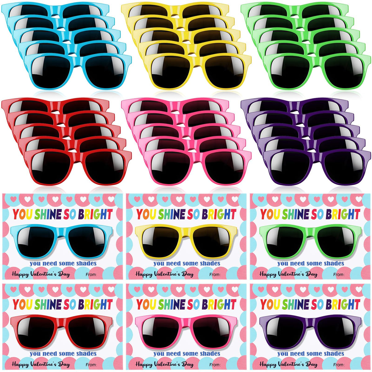Kathfly round neon Valentine sunglasses in red, purple, and yellow for vibrant party looks.