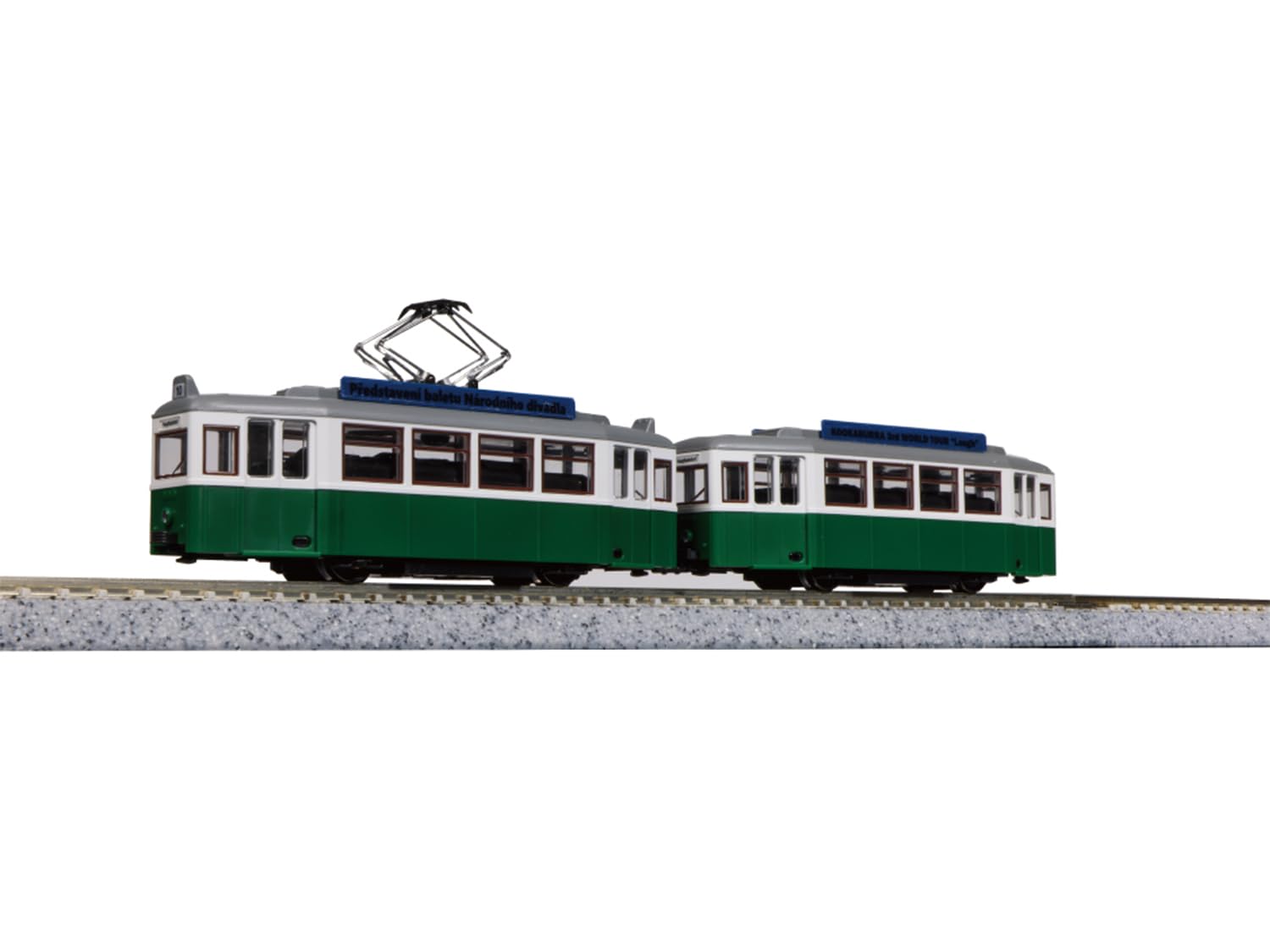 Kato My Tram Classic Green N Gauge on track, ideal for retro road-train layouts.