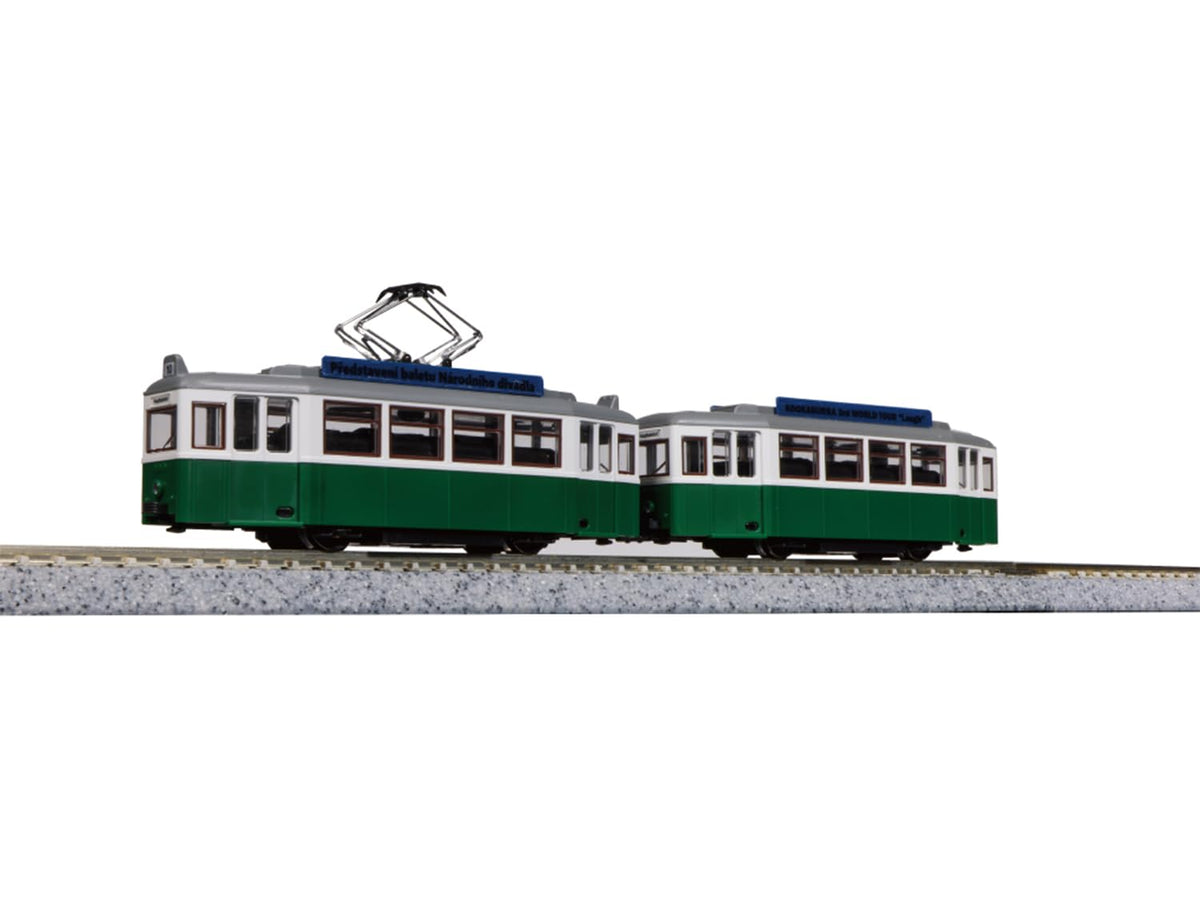 Kato My Tram Classic Green N Gauge on track, ideal for retro road-train layouts.
