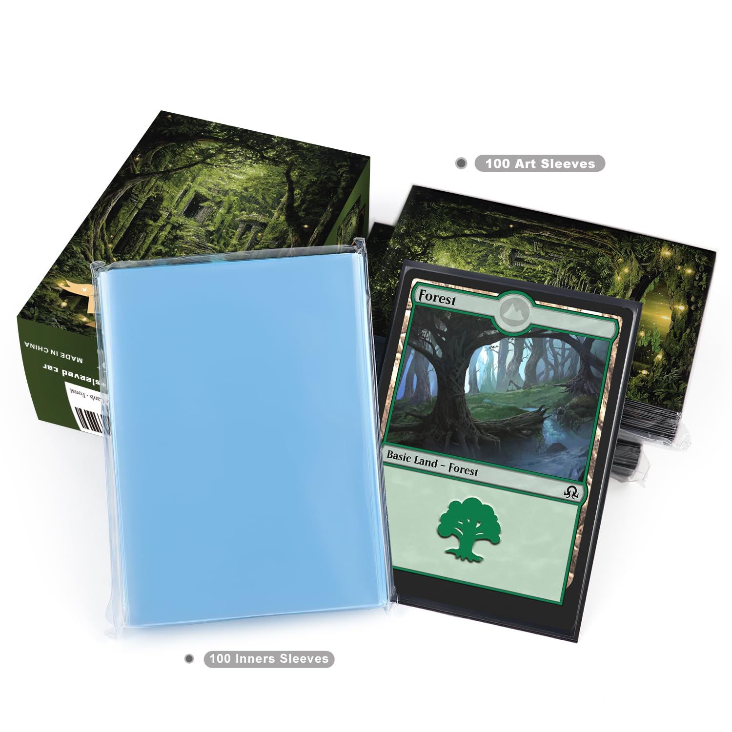Katomula Forest sleeves laid out to protect a full 100-card collection.