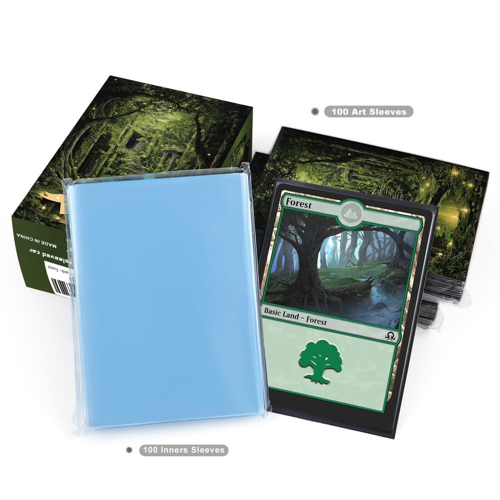 Katomula Forest sleeves laid out to protect a full 100-card collection.