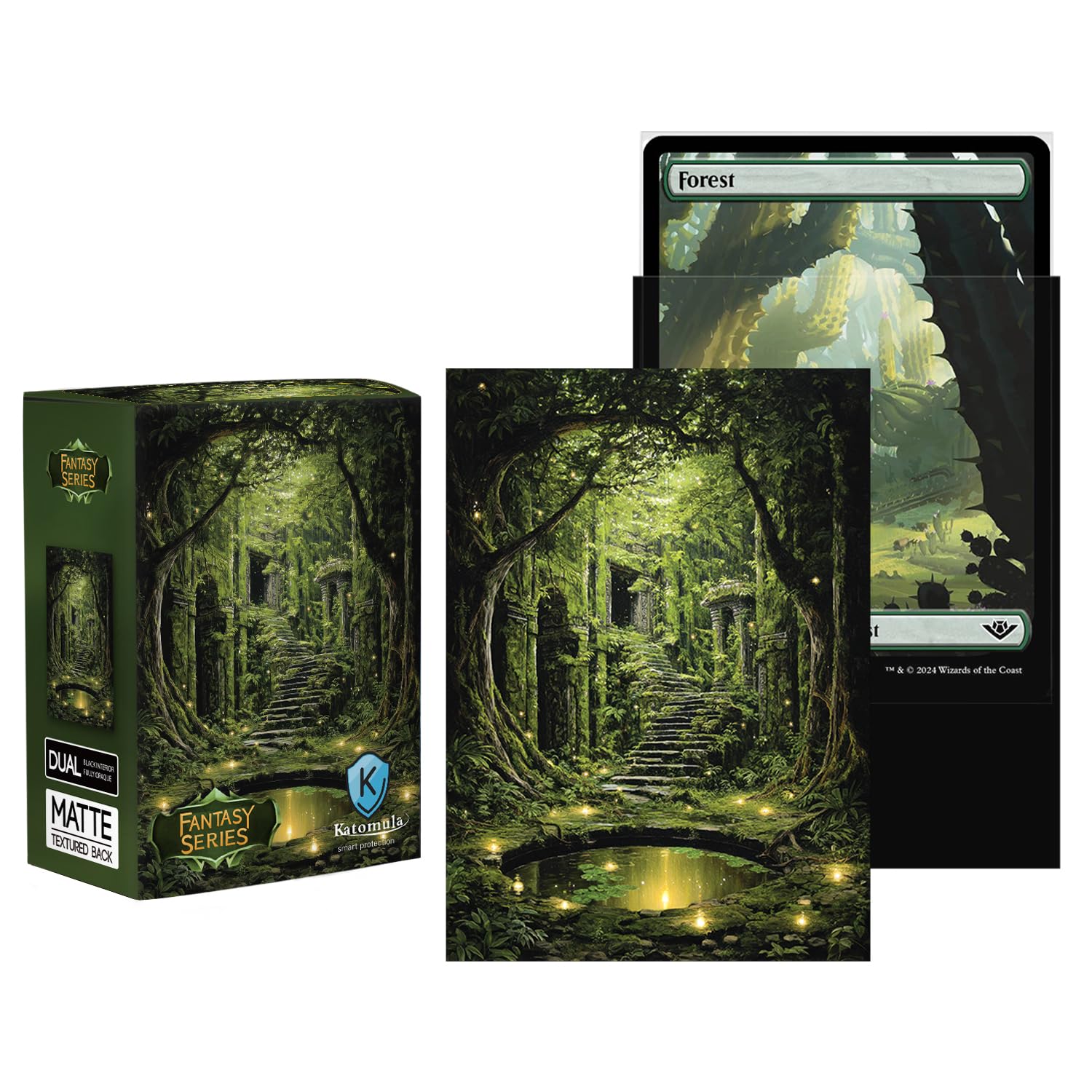 Katomula Forest inner sleeves showing double-layer protection for standard cards.