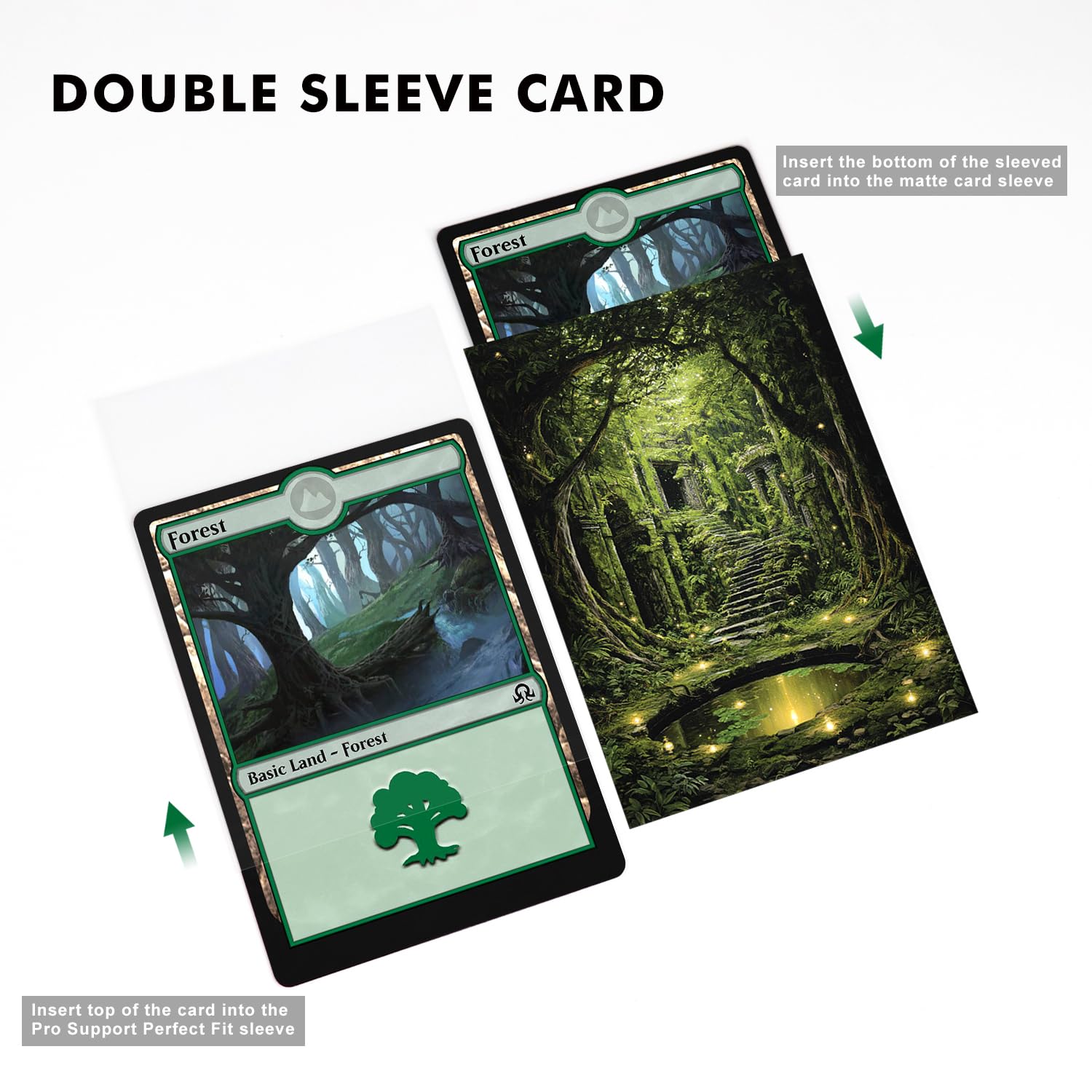 Katomula Forest standard size sleeves on a MTG card in hand.