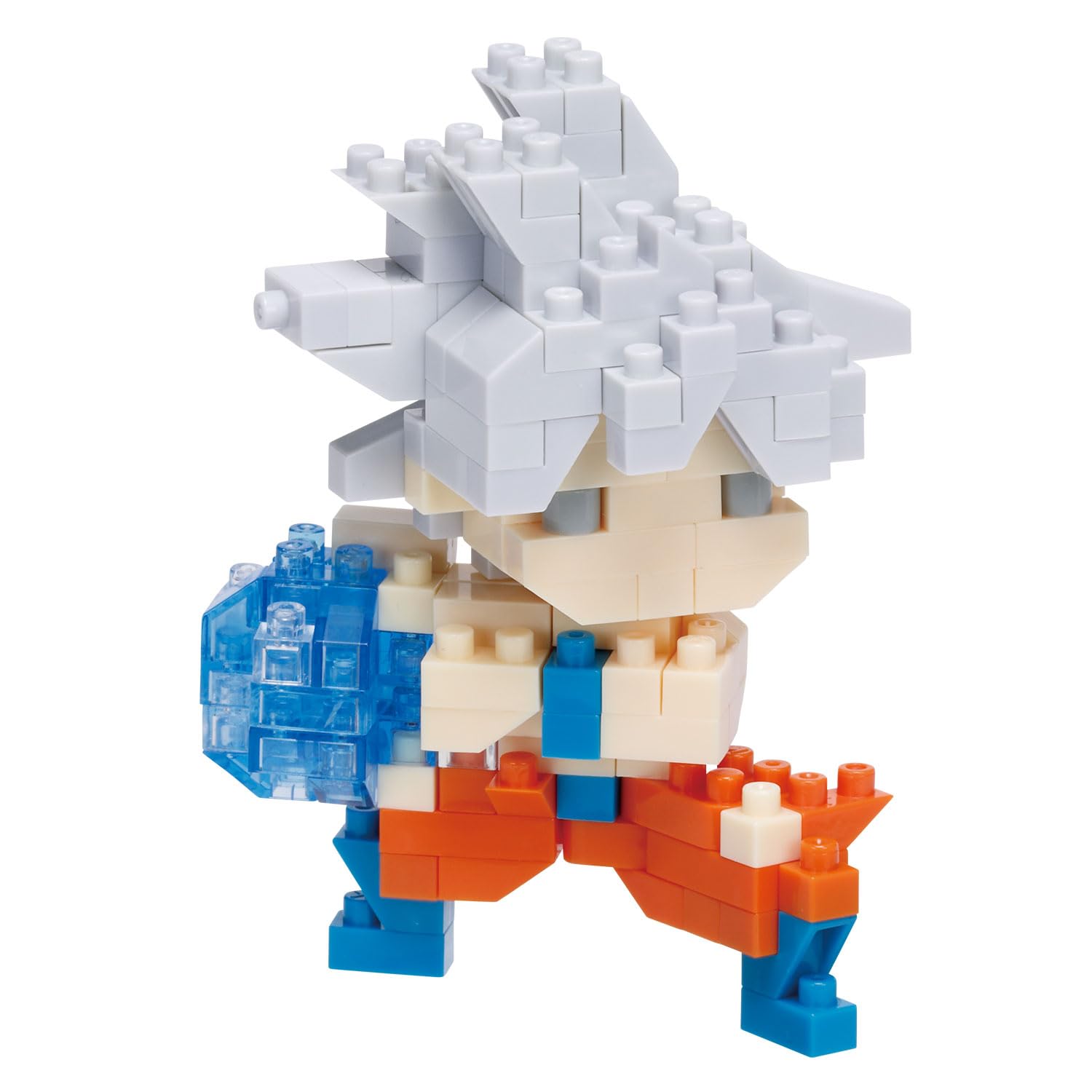 Kawada Nanoblock Dragon Ball Ultra Instinct Son Goku assembly detail for display.