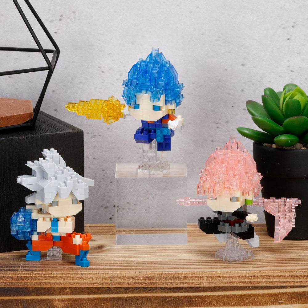 Kawada Nanoblock Dragon Ball Vegito SGSS model on display showcases its pose.