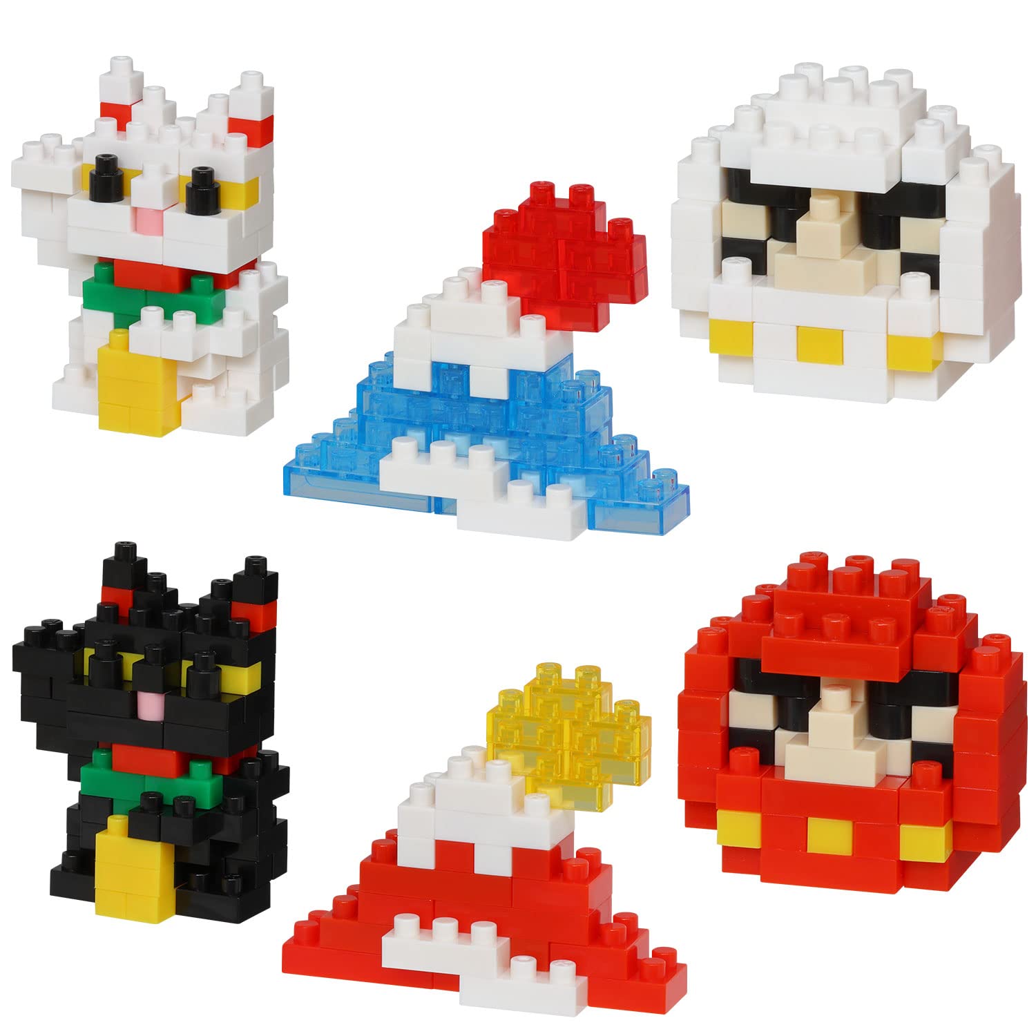 Kawada nanoblock Lucky Charms Omikuji box set showing six collectible characters.