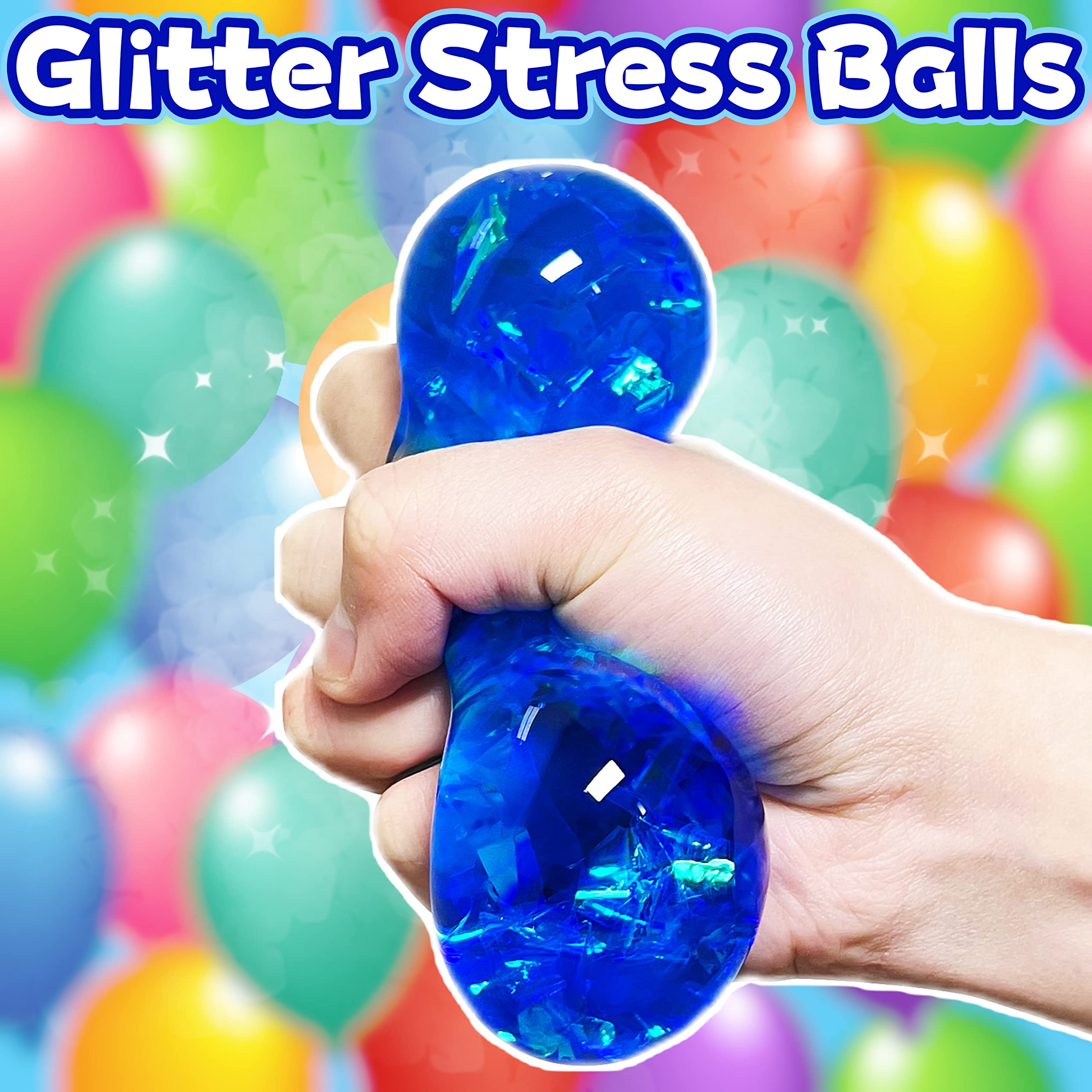 Kawaite kid holding blue glitter stress ball for hands-on anxiety relief.