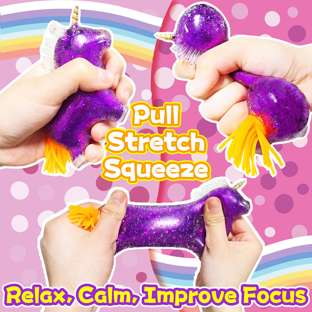Kawaite unicorn squishy stress ball being squeezed to relieve tension.