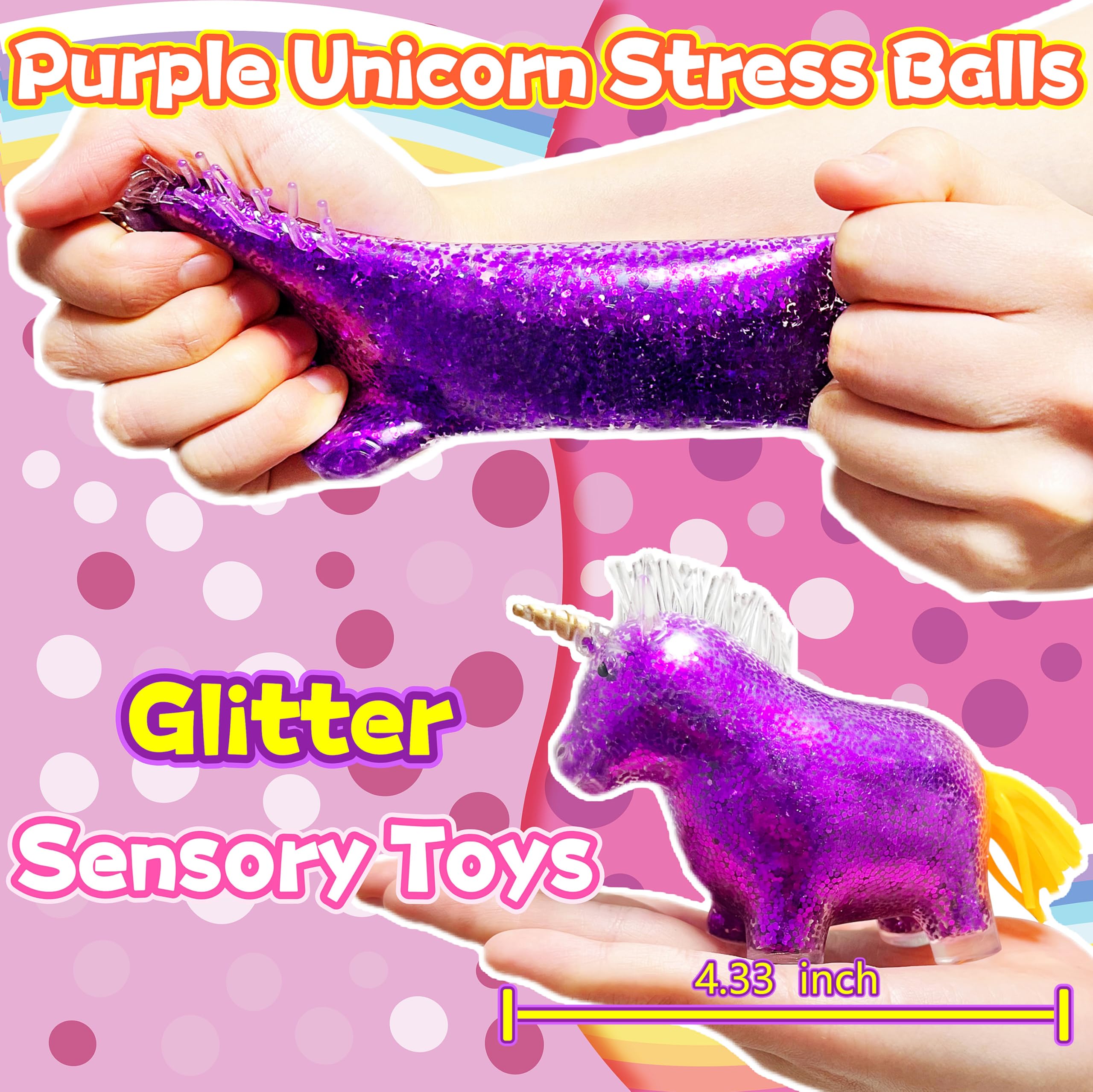 Kawaite unicorn squishy stress ball purple side angle for grip and focus.