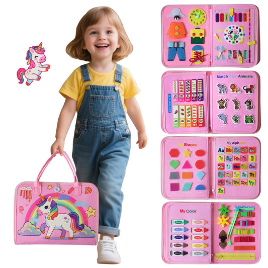 KAWITLO unicorn pink Montessori board close-up showing dress skills