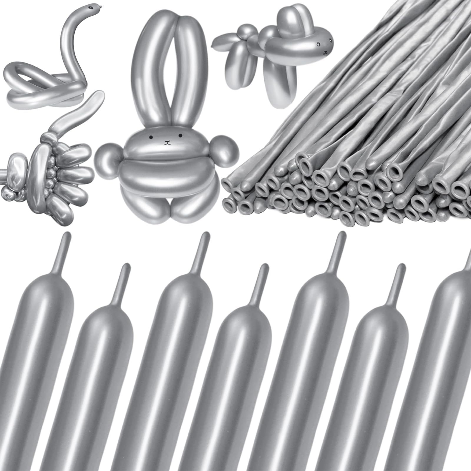 KAWKALSH 260 metallic-silver long balloons for vibrant balloon garlands and arches.