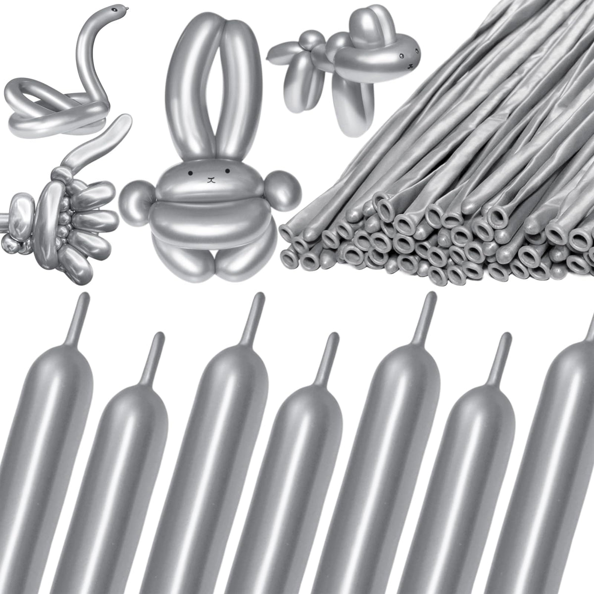KAWKALSH 260 metallic-silver long balloons for vibrant balloon garlands and arches.