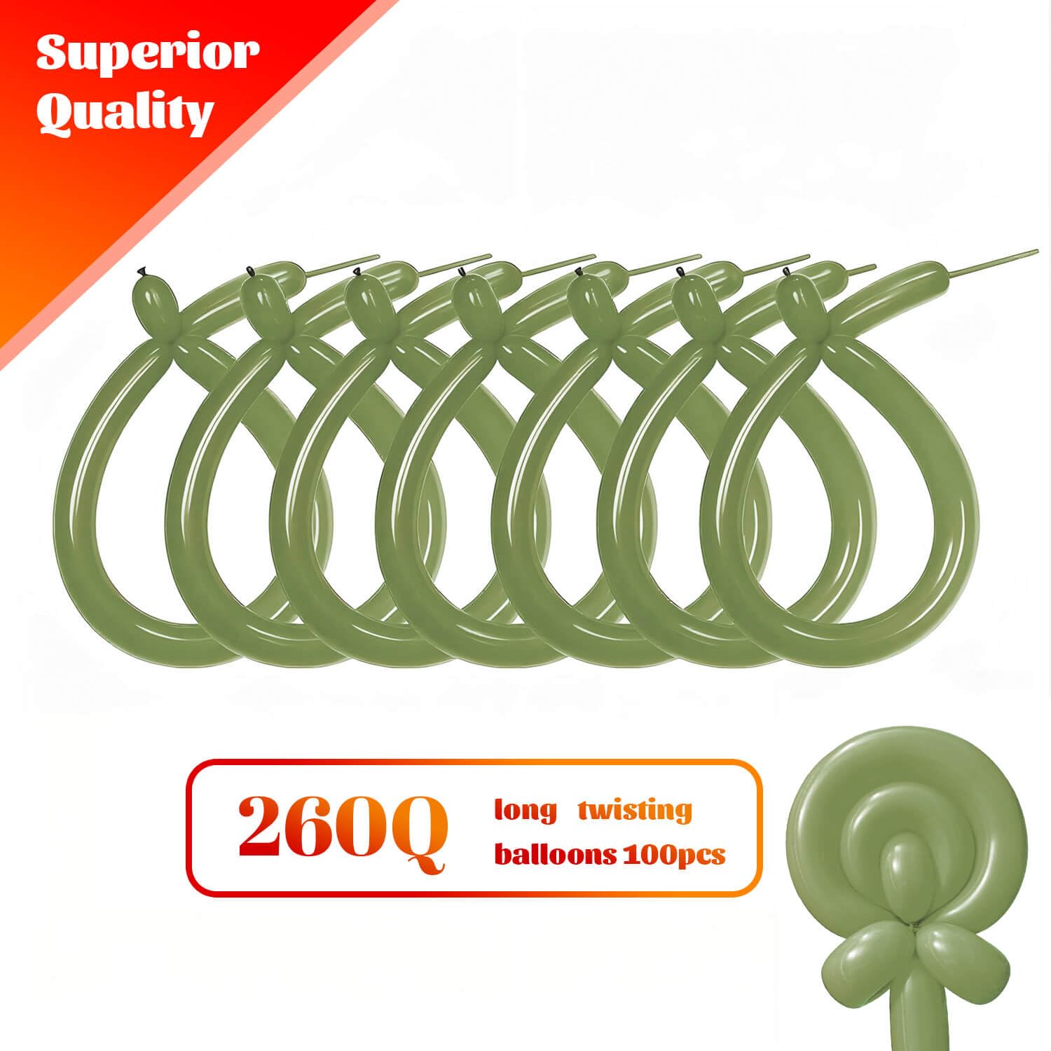 KAWKALSH avocado green 260q long balloons twisting into animal shapes