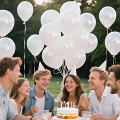 KAWKALSH pearl-white balloons paired with gold accents for upscale events.