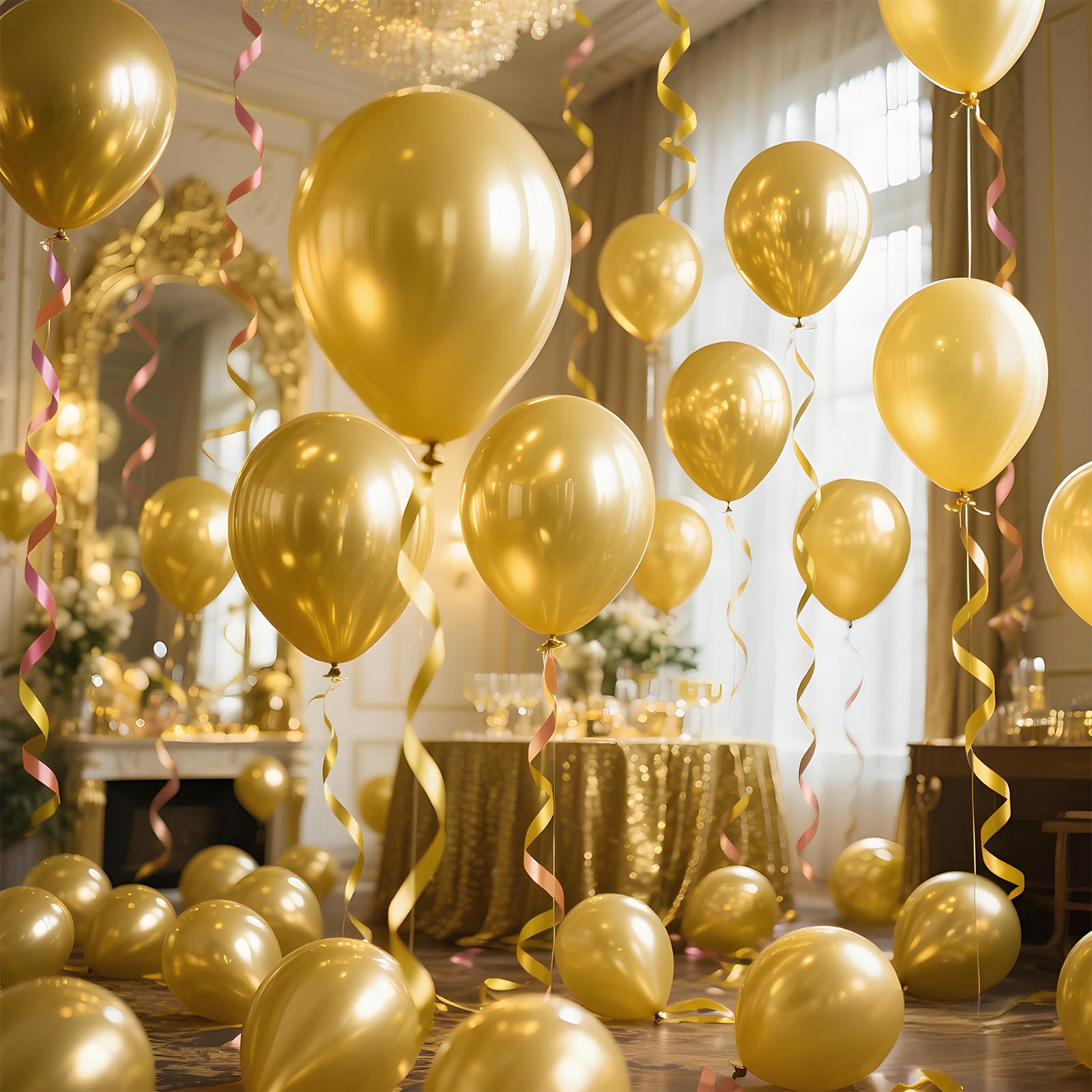 KAWKALSH gold balloons paired with black elements for glamorous reception