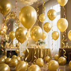 KAWKALSH gold balloons paired with black elements for glamorous reception