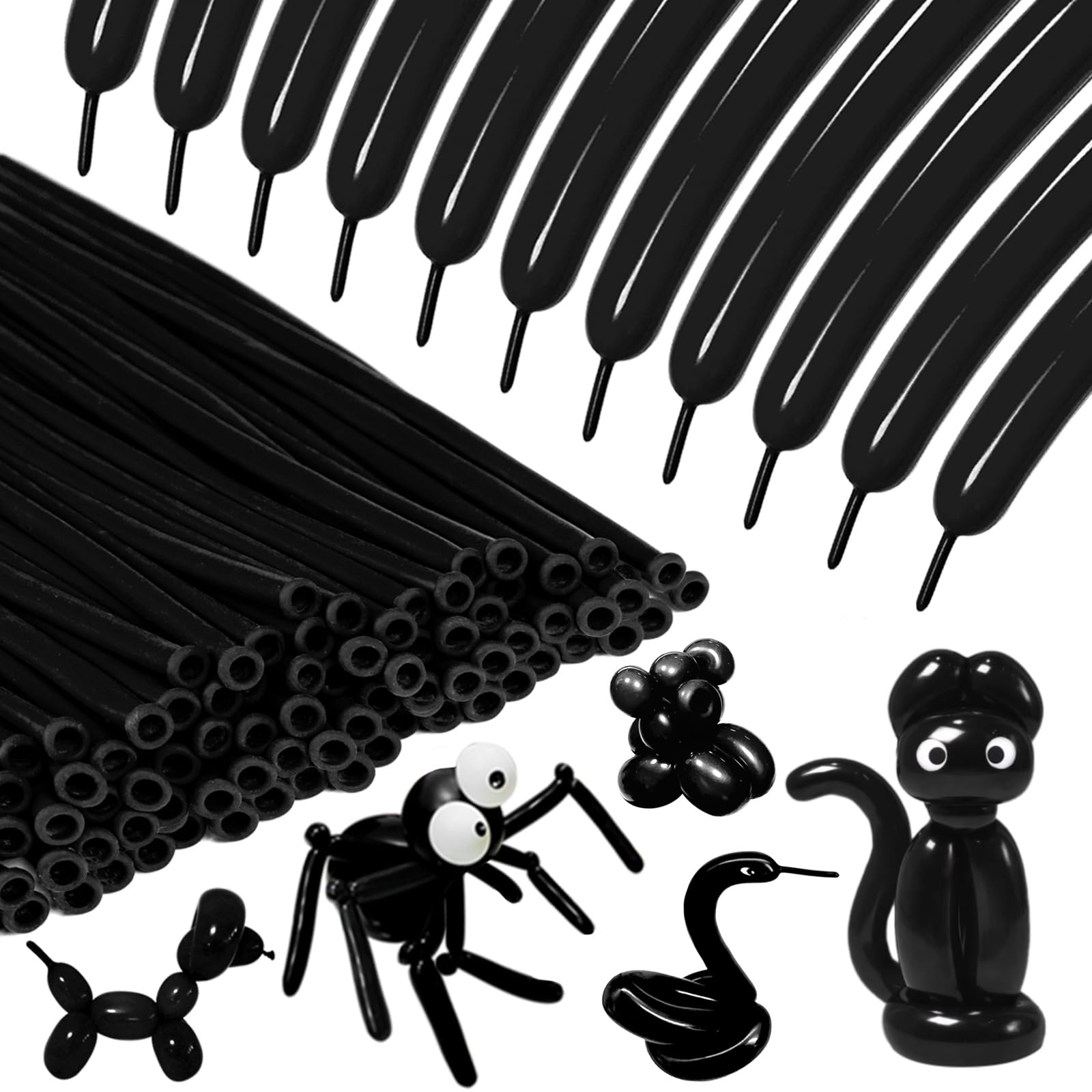 KAWKALSH 260 Black Long Balloons package for versatile party decor and long-lasting shapes.