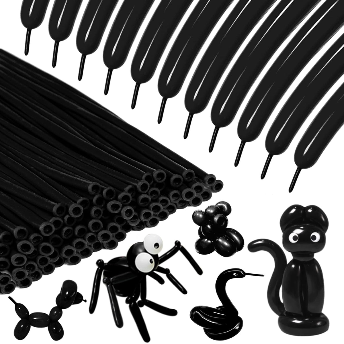 KAWKALSH 260 Black Long Balloons package for versatile party decor and long-lasting shapes.